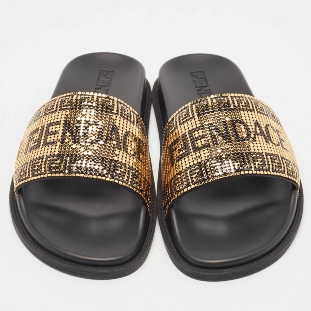 NWT FENDI NIB BLK/GOLD METAL MESH LOGO POOL SLIDES MADE IN ITALY 38EU 7.5 - Picture 3 of 14